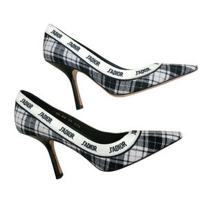 Christian Dior J'Adior Tartan Plaid Ribbon Pumps Heels Black White 7.5 37.5
